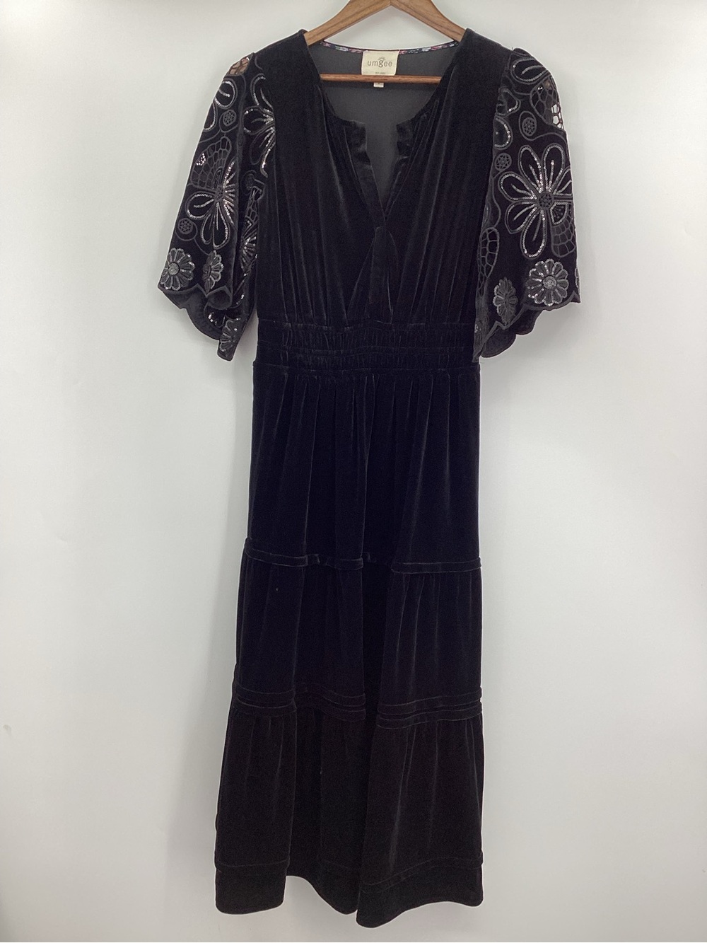 Umgee Black Velvet Midi Dress with Embroidered Flutter Sleeves